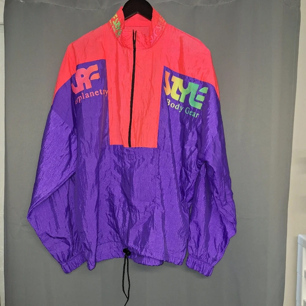 Vtg Surf Style Pull Over Windbreaker Jacket 1/2 Zip Neon Vibrant Colorblock 90s - Picture 9 of 14